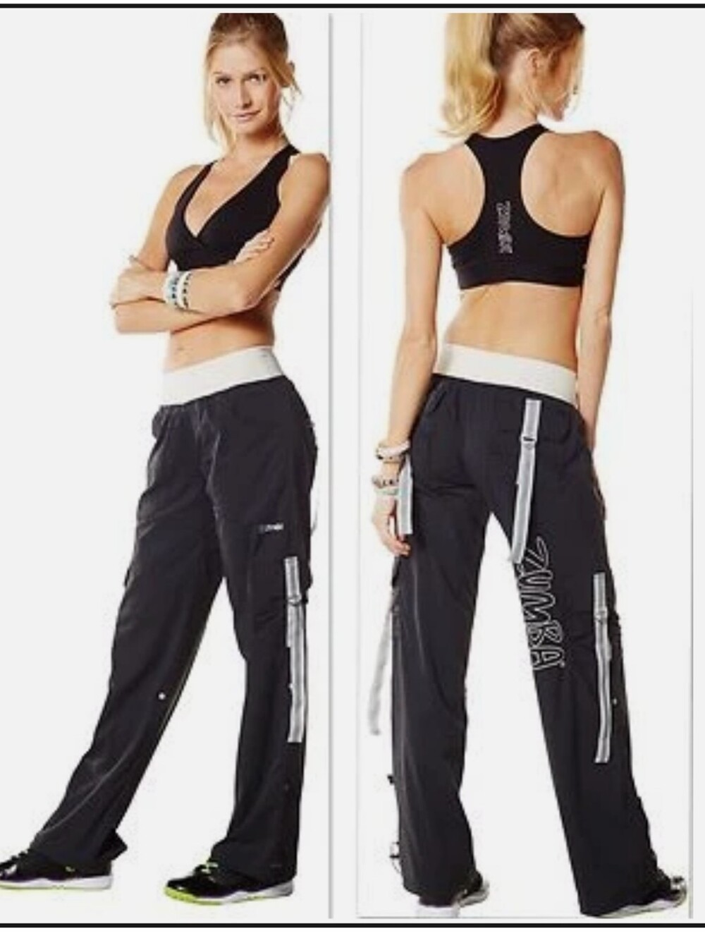Zumba Fitness Y2K Black Cargo Track Pants with White Waistband